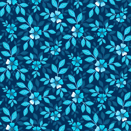 Floral seamless pattern. Turquoise flowers and leaves on dark blue background.の写真素材