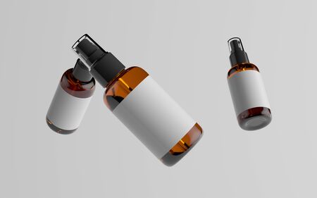 Amber Spray Bottle Mockup - Multiple Floating Bottles. Blank Label. 3D Illustrationの写真素材
