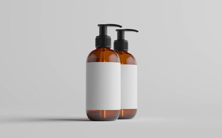 Amber Glass Pump Bottle Mock-Up - Liquid Soap, Shampoo Dispenser - Two Bottles. Blank Label. 3D Illustrationの写真素材