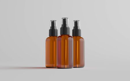 Amber Spray Bottle Mockup - Three Bottles. 3D Illustrationの写真素材