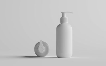 White Plastic Pump Bottle Mock-Up - Liquid Soap, Sanitizer, Shampoo Dispenser - Two Bottles. 3D Illustrationの写真素材