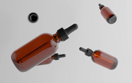 Amber Glass Dropper Bottle Mockup - Multiple Floating Bottles. 3D Illustrationの写真素材