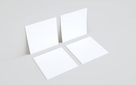 Square Flyer Mock-Up - Two Flyers Against Wall Background. 3D Illustrationの写真素材