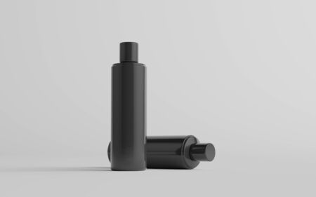 250ml Black Plastic Shampoo / Shower Gel / Skin Tonic, Cosmetic Bottle Mockup - Two Bottles. 3D Illustrationの写真素材