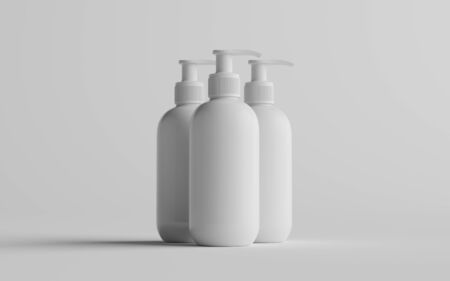White Plastic Pump Bottle Mock-Up - Liquid Soap, Sanitizer, Shampoo Dispenser - Three Bottles. 3D Illustrationの写真素材