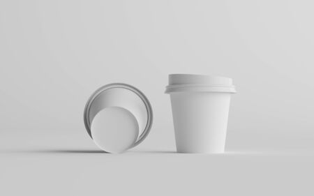 4 oz. Single Wall Paper Espresso  Coffee Cup Mockup with White Lid - Two Cups. 3D Illustrationの写真素材