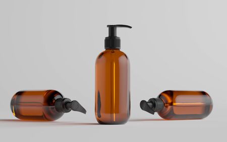 Amber Glass Pump Bottle Mock-Up - Liquid Soap, Shampoo Dispenser - Three Bottles. 3D Illustrationの写真素材
