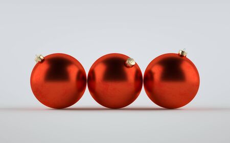 Red Metallic Matte Large Christmas Ball Ornament Mock-Up - Three Balls. 3D Illustrationの写真素材