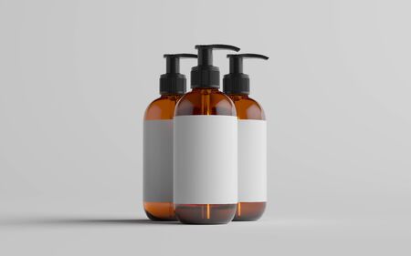 Amber Glass Pump Bottle Mock-Up - Liquid Soap, Shampoo Dispenser - Three Bottles. Blank Label. 3D Illustrationの写真素材