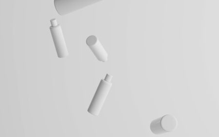 250ml White Plastic Shampoo / Shower Gel / Skin Tonic, Cosmetic Bottle Mockup - Multiple Floating Bottles. 3D Illustrationの写真素材