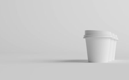 4 oz. Single Wall Paper Espresso  Coffee Cup Mockup with White Lid - Three Cups. 3D Illustrationの写真素材