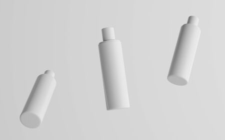 250ml White Plastic Shampoo / Shower Gel / Skin Tonic, Cosmetic Bottle Mockup - Three Floating Bottles. 3D Illustrationの写真素材