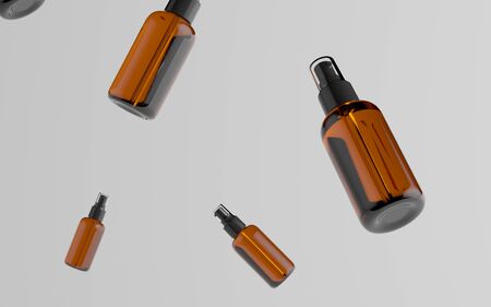 Amber Spray Bottle Mockup - Multiple Floating Bottles. 3D Illustrationの写真素材
