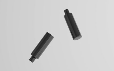 250ml Black Plastic Shampoo / Shower Gel / Skin Tonic, Cosmetic Bottle Mockup - Two Floating Bottles. 3D Illustrationの写真素材
