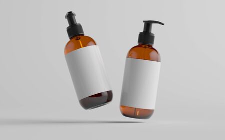 Amber Glass Pump Bottle Mock-Up - Liquid Soap, Shampoo Dispenser - Two Bottles. Blank Label. 3D Illustrationの写真素材