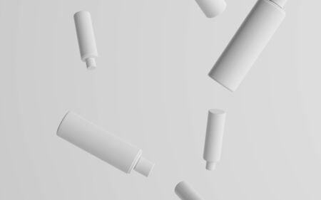 250ml White Plastic Shampoo / Shower Gel / Skin Tonic, Cosmetic Bottle Mockup - Multiple Floating Bottles. 3D Illustrationの写真素材