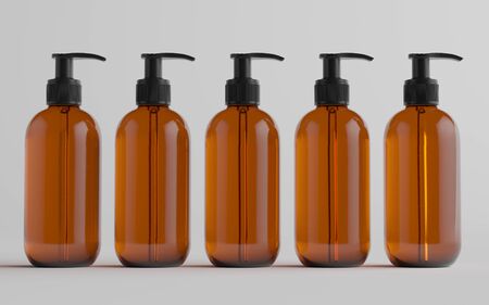 Amber Glass Pump Bottle Mock-Up - Liquid Soap, Shampoo Dispenser - Multiple Bottles. 3D Illustrationの写真素材