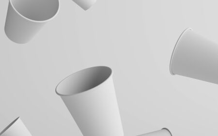12 oz. / 355ml Single Wall Paper Regular / Medium Coffee Cup Mockup  - Multiple Floating Cups. 3D Illustrationの写真素材