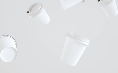 8 oz. Paper Coffee Cup Mockup With Lid - Multiple Floating Cups. 3D Illustrationの写真素材