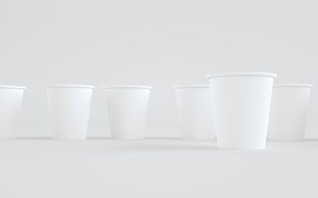 8 oz. Paper Coffee Cup Mockup Without Lid - Multiple Cups. 3D Illustrationの写真素材