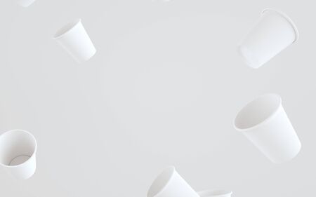 8 oz. Paper Coffee Cup Mockup Without Lid - Multiple Floating Cups. 3D Illustrationの写真素材