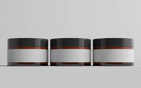 Amber Glass Cosmetic Jar Mockup - Three Jars. Blank Label. 3D Illustrationの写真素材