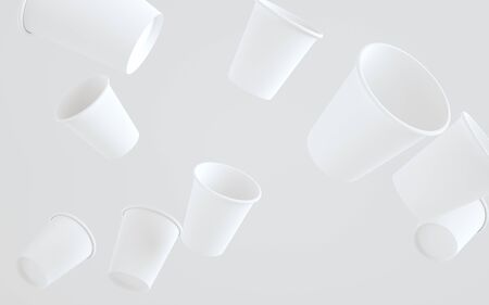 8 oz. Paper Coffee Cup Mockup Without Lid - Multiple Floating Cups. 3D Illustrationの写真素材