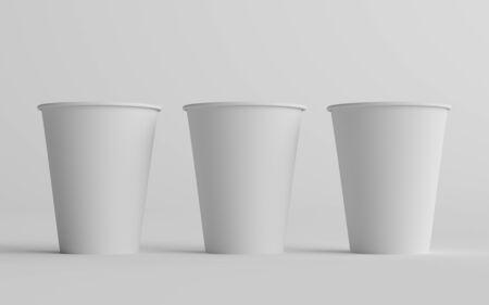 12 oz. / 355ml Single Wall Paper Regular / Medium Coffee Cup Mockup  - Three Cups. 3D Illustrationの写真素材