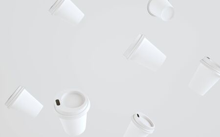 8 oz. Paper Coffee Cup Mockup With Lid - Multiple Floating Cups. 3D Illustrationの写真素材