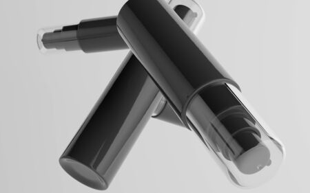 50ml Black Plastic Spray Bottle Mockup - Multiple Floating Bottles. 3D Illustrationの写真素材