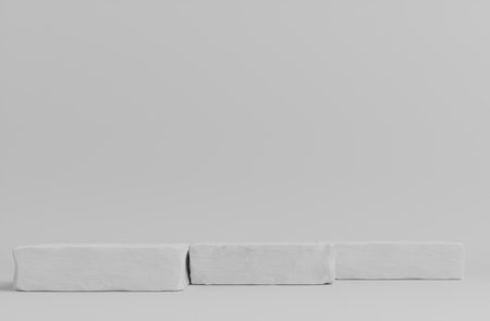 Product Podium - Three White Stone Podiums, White Background. 3D Illustrationの写真素材