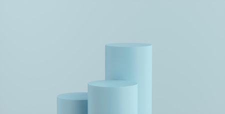 Product Podium - Three Blue Podiums, Blue Background. 3D Illustrationの写真素材