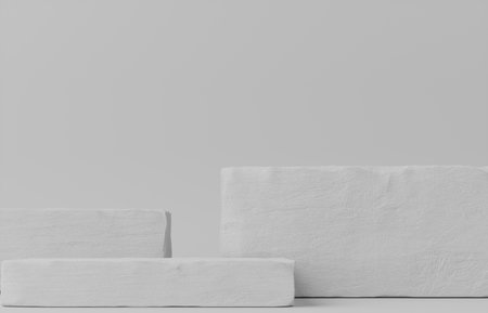 Product Podium - Three Asymetrical White Stone Podiums, White Background. 3D Illustrationの写真素材