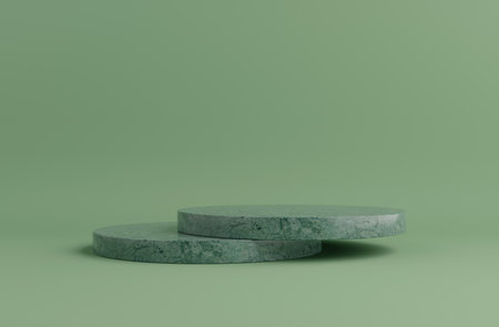Product Podium - Two Asymetric Green Verde Guatemala Marble Square Podiums,  Green Background. 3D Illustrationの写真素材