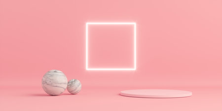 Product Podium - Pink Podium, Pink Background With Marble Spheres & Ambient Lighting. 3D Illustrationの写真素材