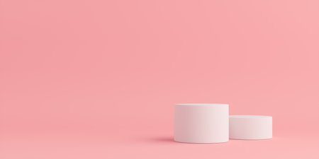 Product Podium - White Podiums, Pink Background. 3D Illustrationの写真素材