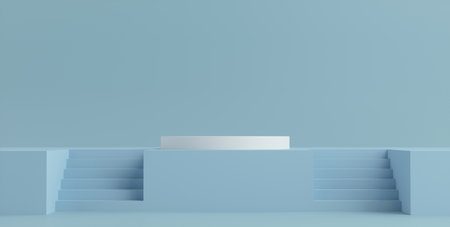 Product Podium - Blue Podium, Blue Staircase Background. 3D Illustrationの写真素材