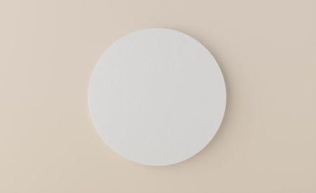 Product Podium - White Cylinder Podium, Beige Background, Flat Lay 3D Illustrationの写真素材