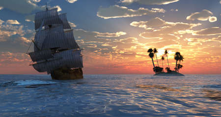 A boat near a small island with sunsetの写真素材