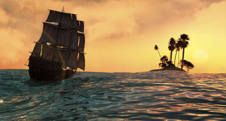 A boat near a small island with sunset