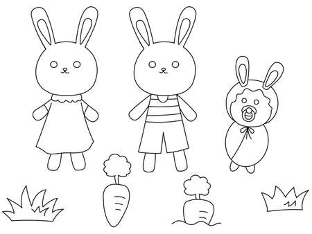 Line art illustration set of a cute rabbit familyのイラスト素材