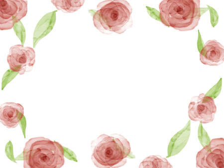 Watercolor red rose flower and leaf frameの写真素材