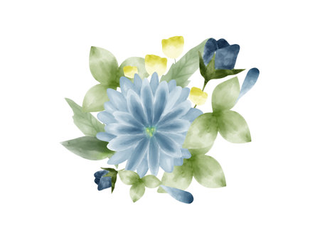 Beautiful bouquet of blue flowers and leaves in watercolor styleのイラスト素材