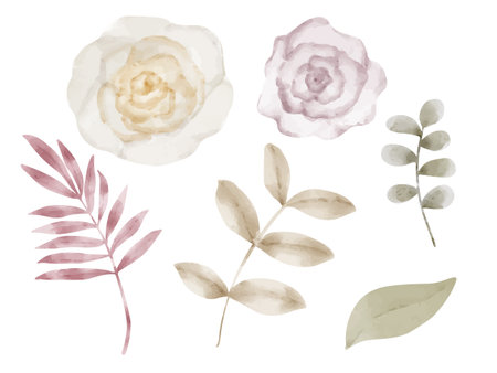 Set of beautiful watercolor style illustrations of flowers and leavesのイラスト素材