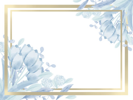 Bouquet of blue tulips and leaves with gold frameのイラスト素材