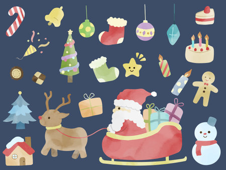 Set of cute Christmas illustrations in watercolor styleのイラスト素材