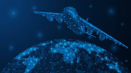Travel and tourism by plane. A low-poly model of an aircraft and continents on the planet earth. Blue background.のイラスト素材