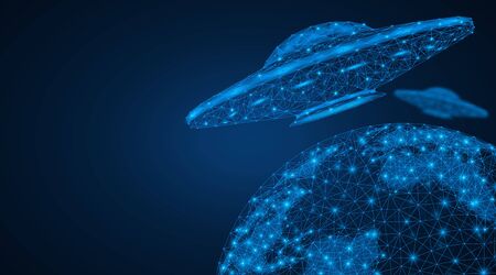 An extraterrestrial spacecraft flying over the planet earth. A low-poly model of a UFO hovering over the globe. Blue background.のイラスト素材