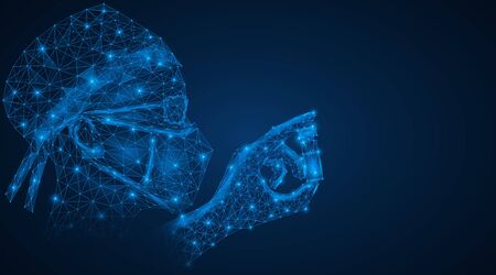 Doctor with medicine in hand. Prescribing medication to patients. A low-poly design consisting of lines and dots. Blue background. Free space for information.のイラスト素材