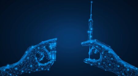 Vaccine Hands of a person with a bottle of medication and a syringe. Triangular low-poly design. Blue background.のイラスト素材